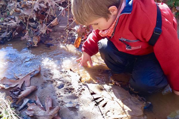 Camper at Winter homeschool nature connection camp tracking animals in mud by creek