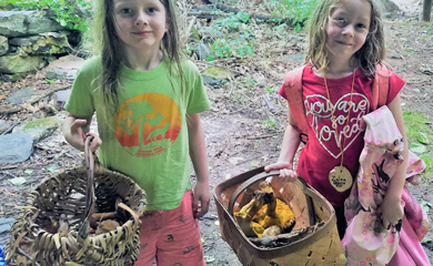 Campers at foraging skill summer camp with baskets full of wild edible plants