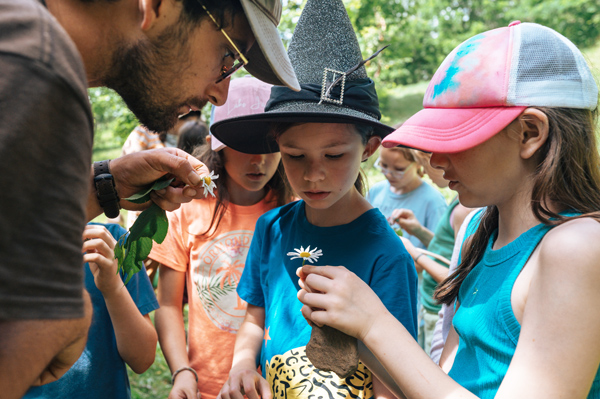 Children gather with instructor examing flowers and stones gathered by a homeschooler at forest outdoor session