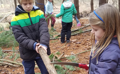 Homeschool students cooperating on a project in the forest cutting a log during nature connection program