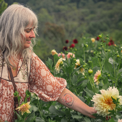 Naturalist and educator Tiffany Paul in a field of flowers wearing a patterned sun dress