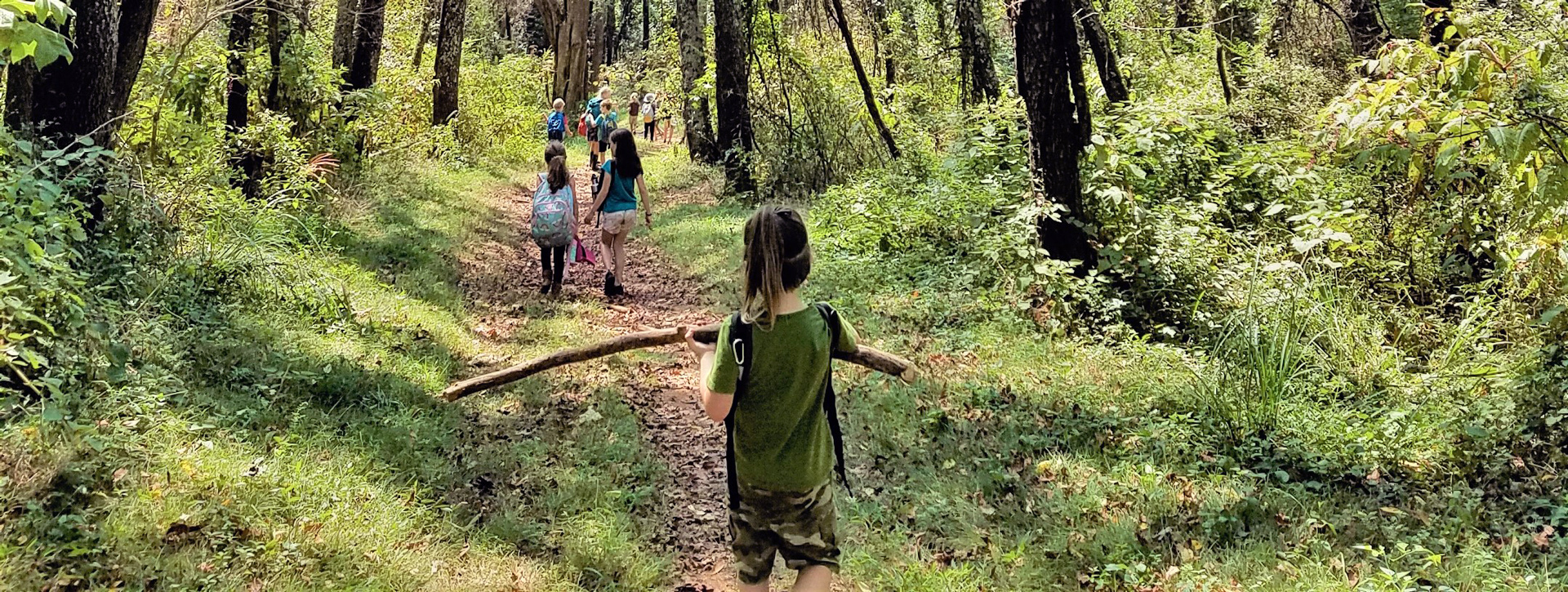 Group of kids walking into the woods at the start of a day of camp