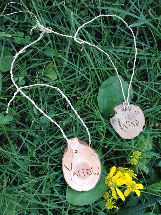 Necklaces with wood medallion name tags for children to wear at nature camp